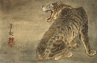 Tiger and Lightning by Kobayashi Kiyochika “Tigre et Éclair” par Kobayashi Kiyochika (小林 清親), l’un des derniers représentants du mouvement ukiyo-e, qui renonça aux estampes gravées pour se consacrer à la peinture. Image rendue publique par le LACMA.